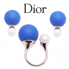 Пусеты и кольцо Диор синий и белый